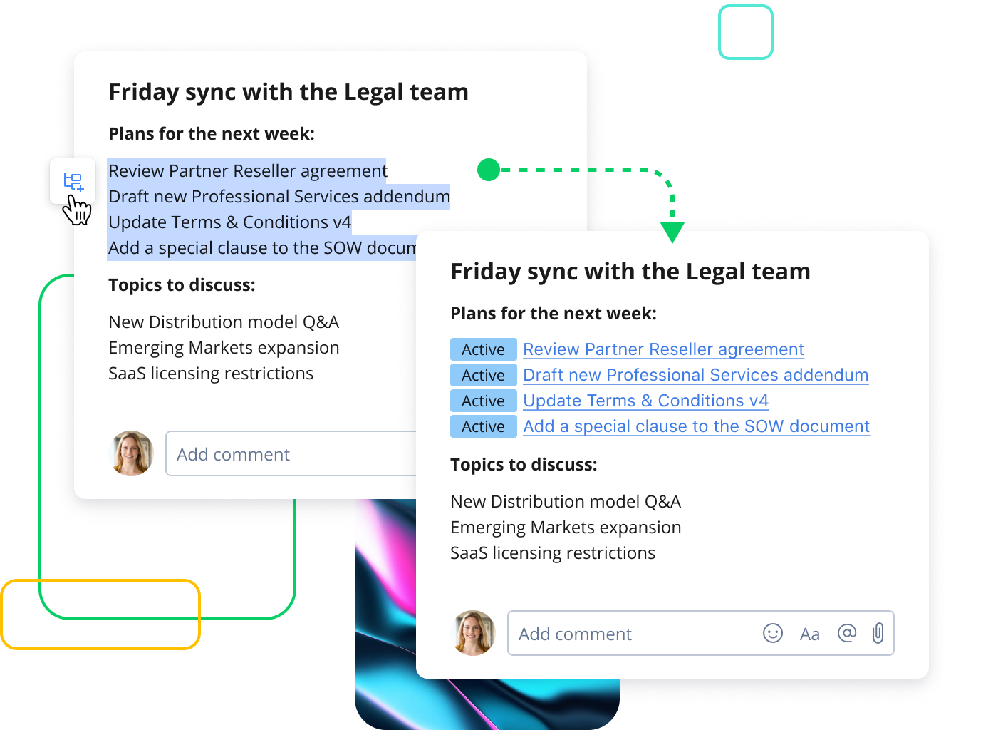 Wrike AI assistant panel showing subtask creation prompt with example and Generate button.