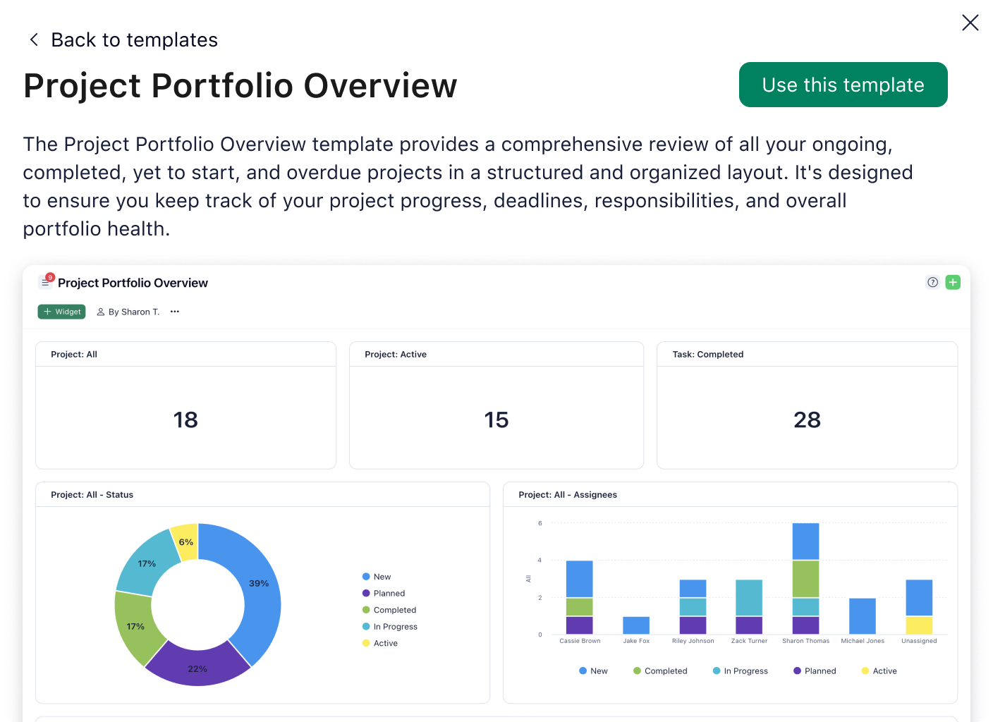 Dashboard template showcasing project portfolio overview with charts, progress bars and task list.