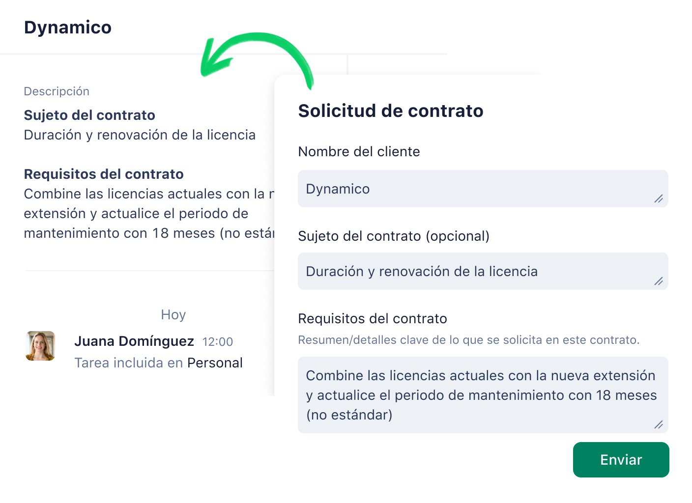 Formulario de solicitud de trabajo y vista de tarea en Wrike.
