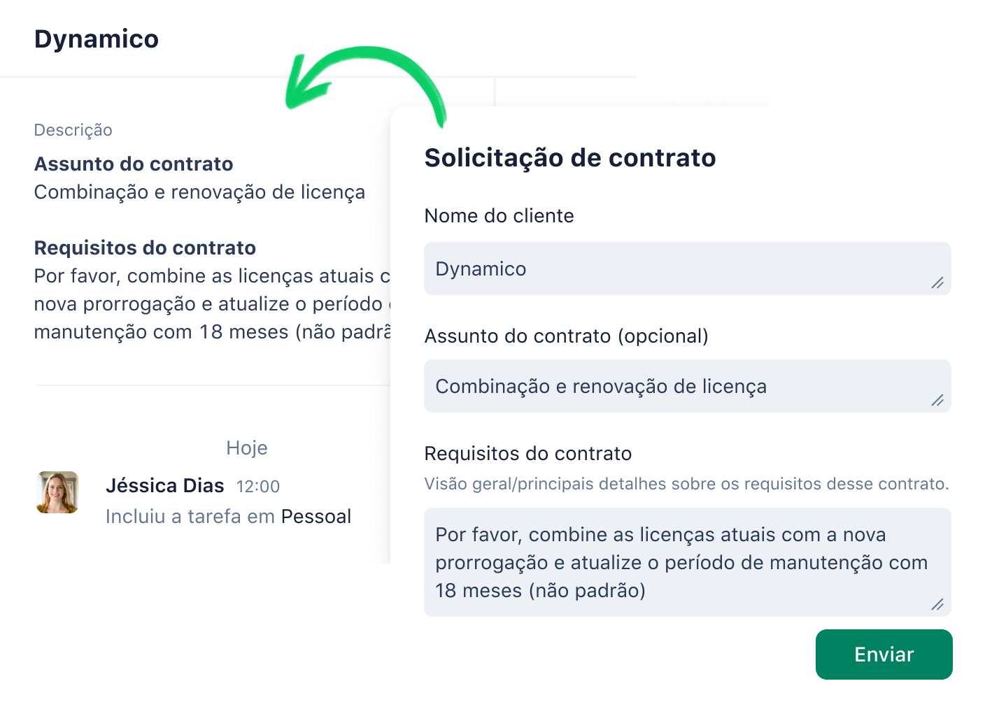 Formulário de solicitação de produto e visão de tarefas com prioridade e status.