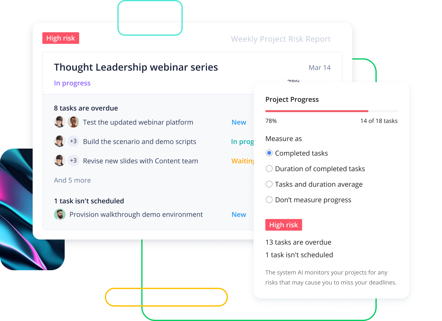 Wrike risk management task board with tasks organized by priority and status columns.