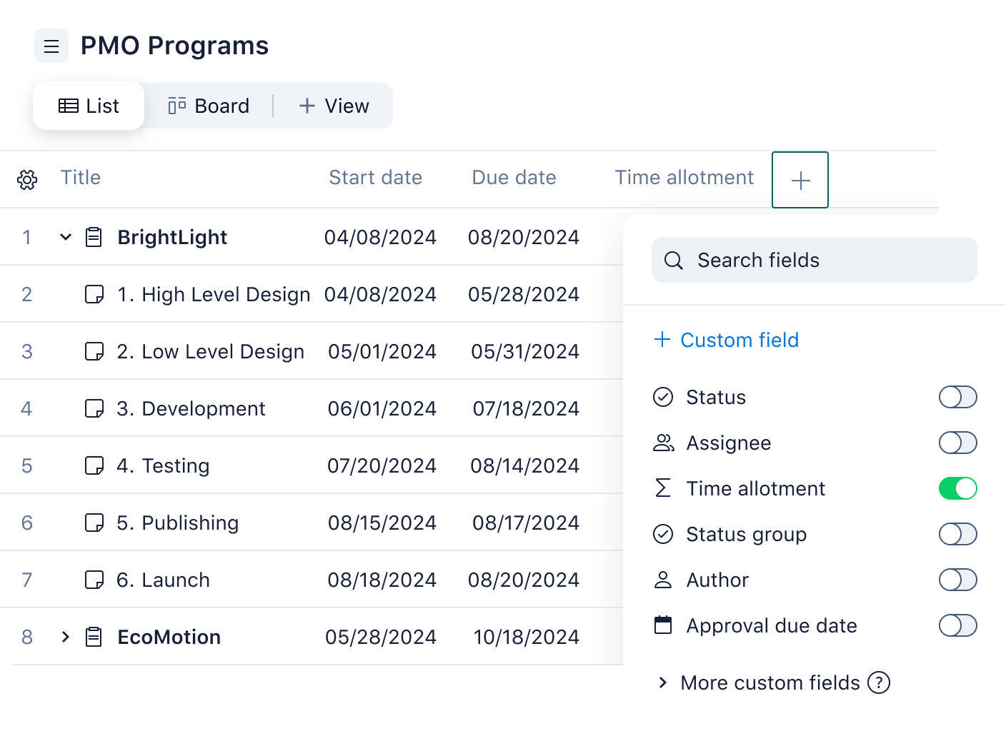 Wrike table view displaying calculated custom fields for Budget, Cost and ROI.