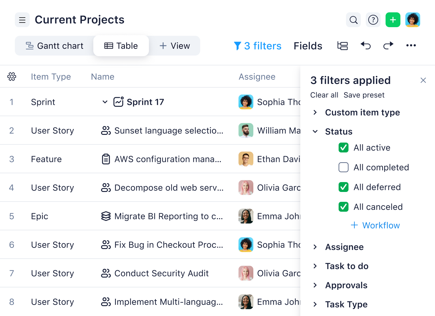 Table view displaying project tasks with color-coded statuses and active filters panel.